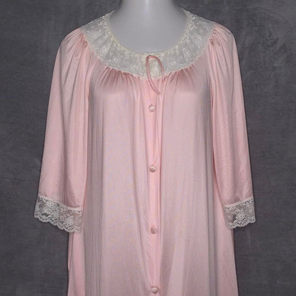 Vintage Womens Lace Trimmed Long Robe Button-Down Medium Pink